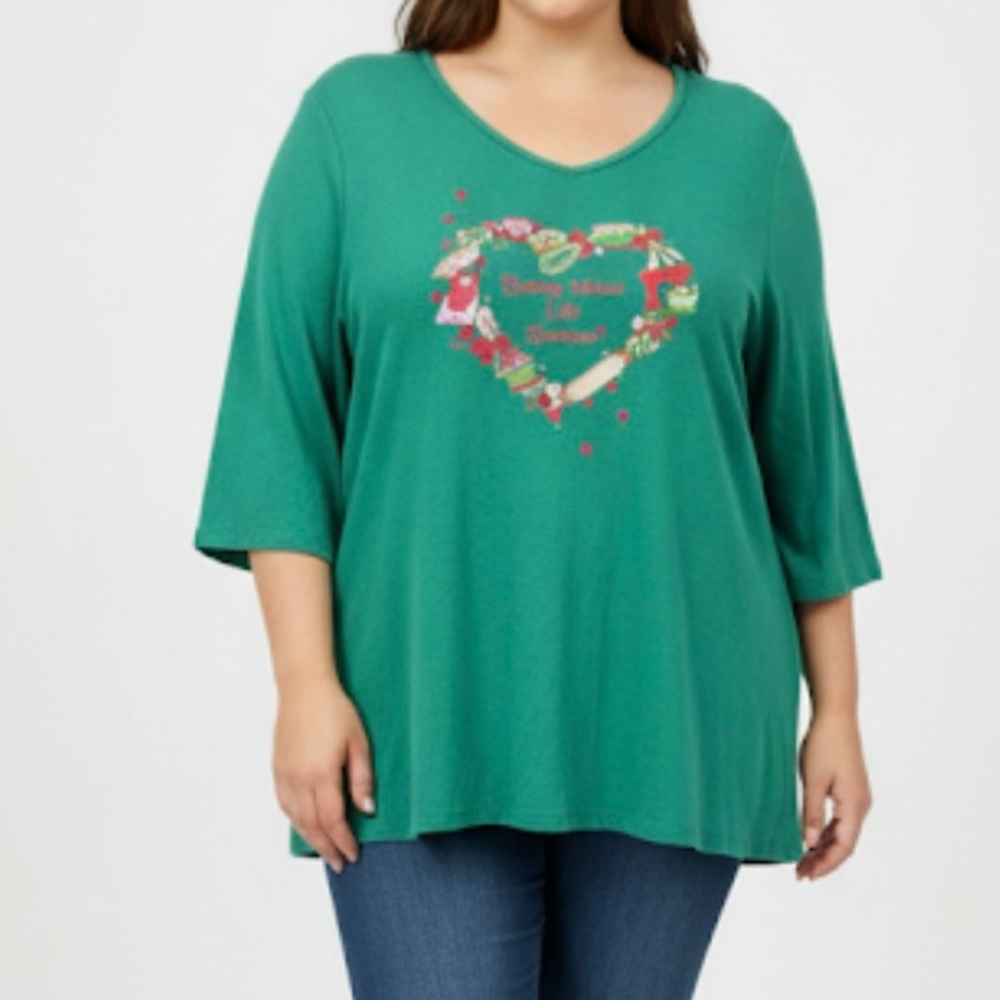 Quacker Factory Green Rhinestone Embroidery Baking Life Sweeter Knit Top Size 1X